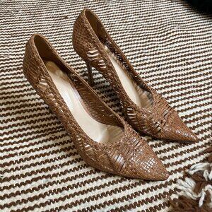 Fauzian Jeunesse Braided Woven Leather Pointy Toe Low Heel Tan Size 39 1/2